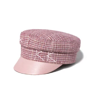  Бренд Дизайнер Мода Пэчворк Плоский Розовый Искусственная Кожа Поля Militray Кепки Baker Boy Шляпа Женщины Газетчик Кепки Размер S-XL