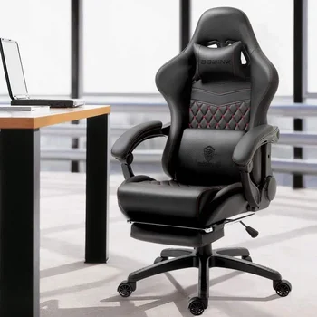  Игровое / офисное кресло для ПК с массажной поясничной поддержкой, Регулируемый поворотный рабочий стул из искусственной кожи в винтажном стиле с высокой спинкой и подставкой для ног