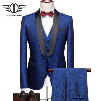 Plyesxale 2023 Новый роскошный бренд Жаккардовый мужской костюм с принтом Slim Fit Жених Свадебный смокинг Вечеринка Мужские костюмы Королевский синий 6XL Q1009