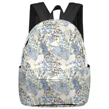  Синий и белый рюкзак с фарфоровой текстурой Подростки Студенческие школьные сумки Сумка для ноутбука Женский повседневный дорожный рюкзак